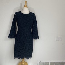 Ann Taylor Women Black Lace Crew 3/4 Trumpet Sleeve Sheath Dress Sz 2 EUC Preppy