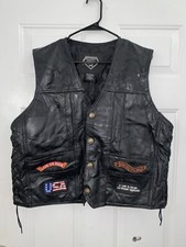 Vintage Diamond Plate Buffalo Leather Motorcycle Vest with Patches Men  s XL