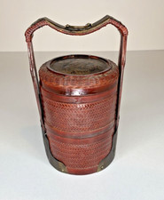 Bamboo & Etched Copper Vintage Mini Chinese Wedding Lunch Pail Basket 2 Tier