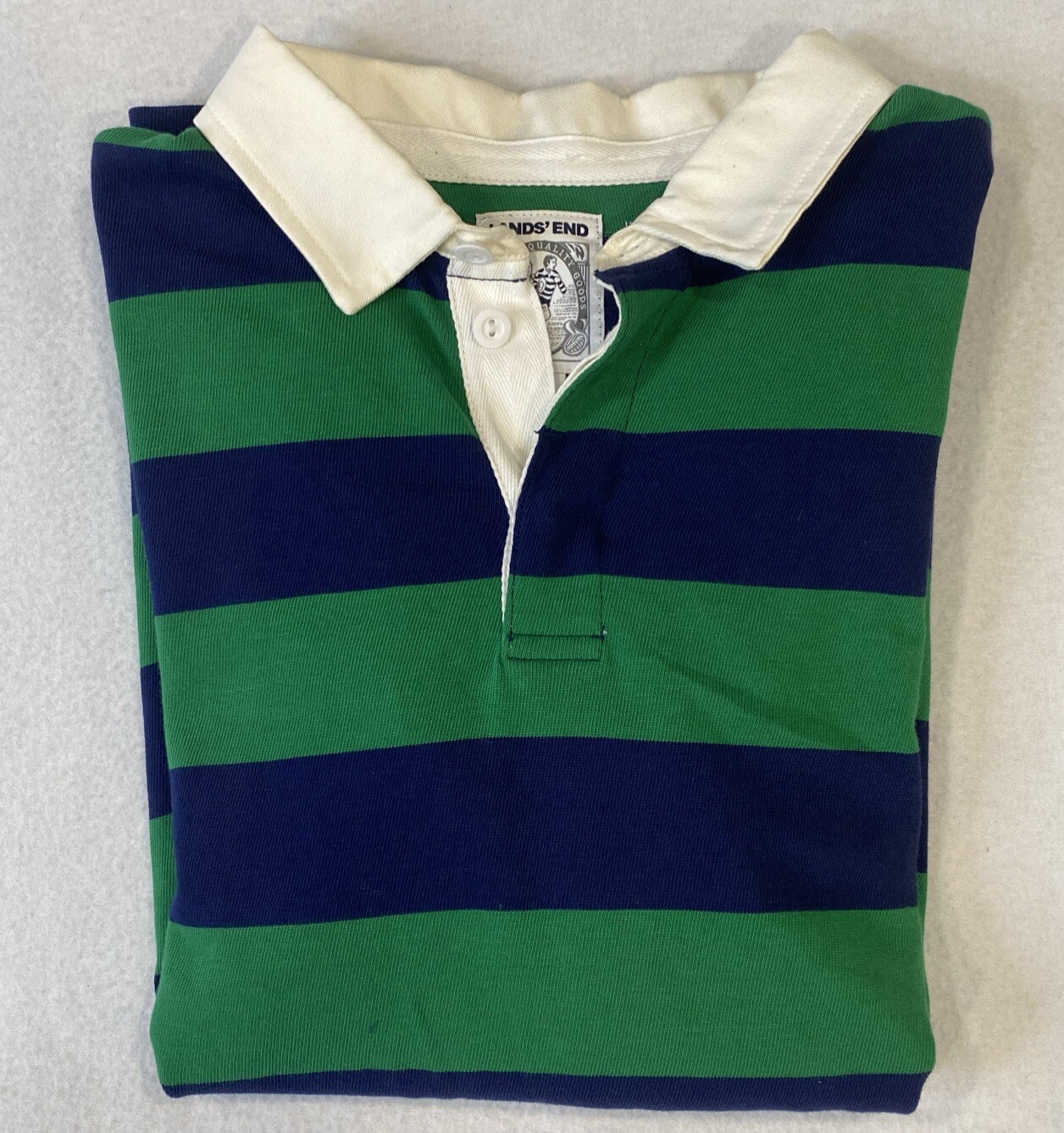 Vintage Lands’ End Rugby Shirt Men’s XL Green Blue Striped Made in USA