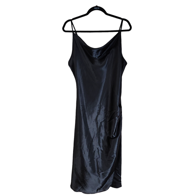 bebe black satin dress Bebe Women's Drape Shoulder High Slit Satin Maxi Dress, Size XL in Black Polyester