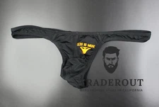 H.E.Arts LESS IS MORE front logo custom Print Mens black nylon thong underwear