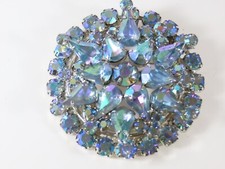 Brooch AB Rhinestone Crystal Round Flower Starburst Pear Round VTG Blue D1528