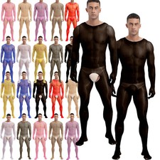 Men's Shiny Oil Full Bodystocking Long Sleeve Glossy Nylon Mesh Bodysuit Catsuit