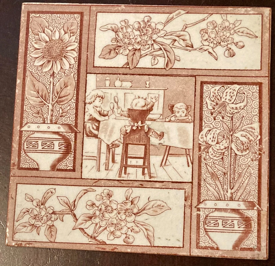 Orig. Juego de 3 azulejos antiguos de bota Kate Greenaway T & R ~ niños ~ 1881 ~ RARO Foto 3 de 4