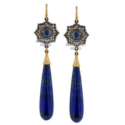1.35Ctw Rose Cut Diamond Lapis Studded Silver Victorian Stunning Earring Jewelry