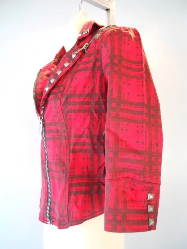 Jaqueta Nos Lip Service xadrez vermelha pirâmide cravejada corrosão de conformidade punk XS - Imagem 3 de 4