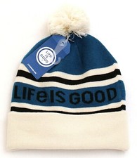 Life Is Good Cream Blue Knit Cuff Pom Beanie Women's One Size NWT