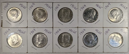 LOT OF 10 UNC 1964 KENNEDY HALF DOLLAR COINS $5 FACE VALUE UNCIRCULATED #89