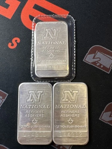 (3) Bar Lot Vintage 1 Troy Oz .999 Fine Silver National Refiners Sequential #’s