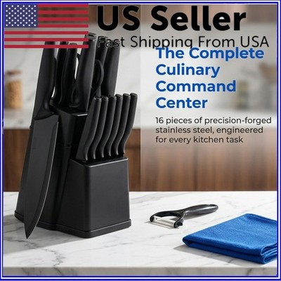 9-16PCS Titanium Coding Carbon Steel with Wooden Block, Scissor and Sharpener