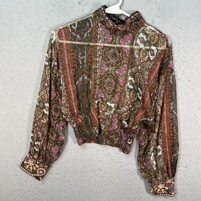 Zara Womens Size XS Paisley High-Neck Sheer Blouse Embroidered Cuff Detail
