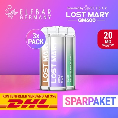 3 x Lost Mary QM600 E-Zigarette - ELF BAR E-Shisha - 20mg Nikotin - Alle Sorten