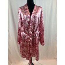 Pink Damask Satin Wrap Robe Long Sleeve Silky Scroll Print Loungewear Belted XL