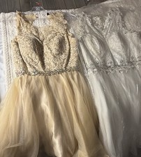 Ivory Lace  Tulle Beaded Sequin V-Neck Sleeveless Lined Mini Dress S