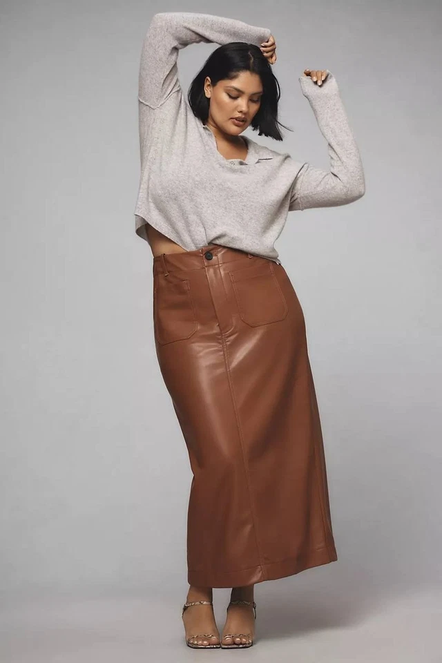 NWT Anthropologie MAEVE The Colette Maxi Skirt Faux Leather Pockets Brown L - Image 2 of 4