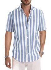 Men's Casual Short Sleeve Button Up Striped Poly Cotton Regular Fit Summer Shirt