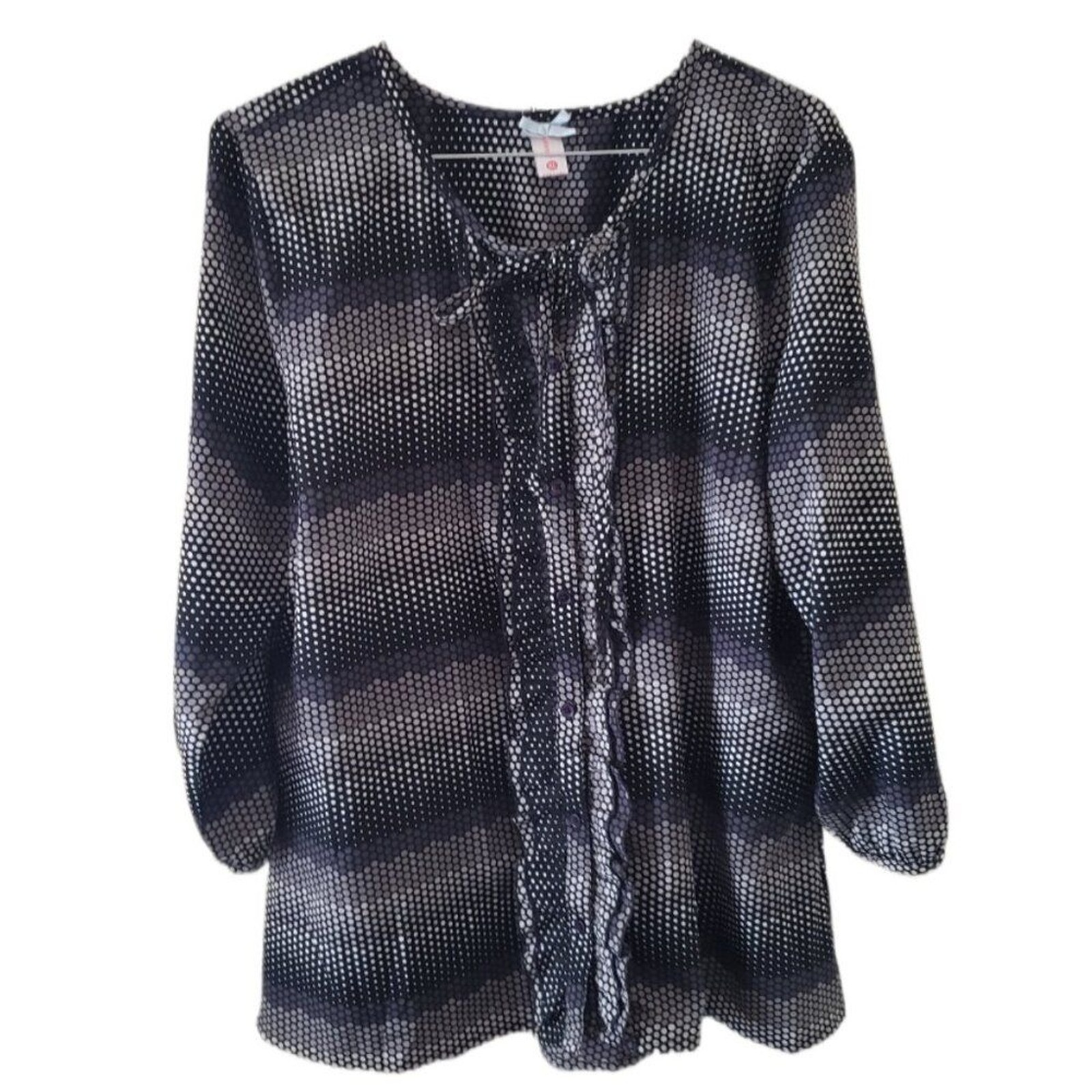 DownEast Patterned Button Down Ruffle Front Blouse - image 1