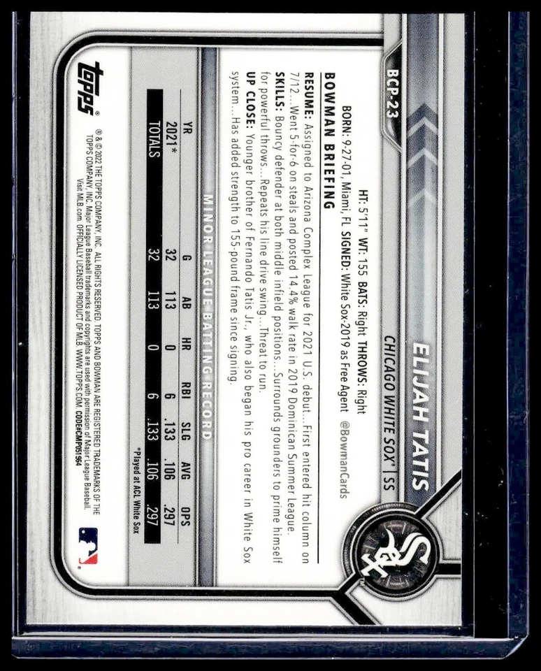 2022 Bowman Sapphire Edition Elijah Tatis RC 1st #BCP-23 Chicago White Sox - Image 2 of 2
