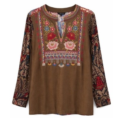 John Mark Boho Embroidered Mixed Media Top Brown Floral Burnout Velvet Sleeves S