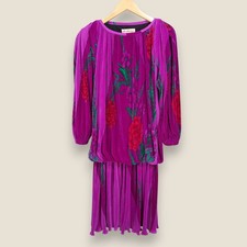 LS Collections Ribbed Floral Print Dress Magenta Long Sleeve Elastic Waist Midi
