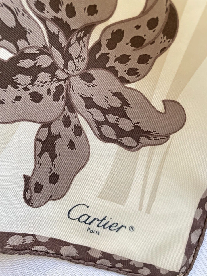 Y5# Cartier Paris Silk Scarf Brown Floral Orchid Print Vintage Made in Italy - Image 2 of 4