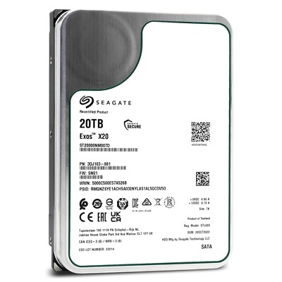 Seagate Exos X20 20TB ST20000NM007D 7.2K RPM SATA 6Gb/s 3.5