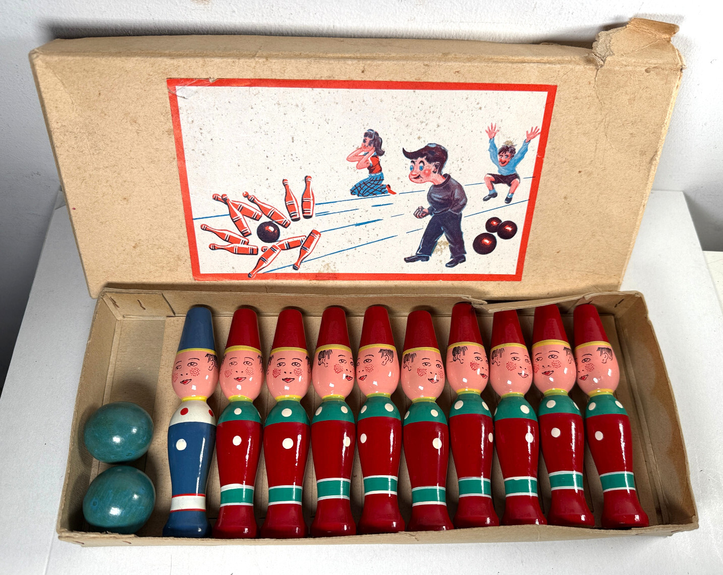 VINTAGE WOODEN TOY SOLDIERS TEN PIN SKITTLES BOWLING BALL SET GERMANY GAME