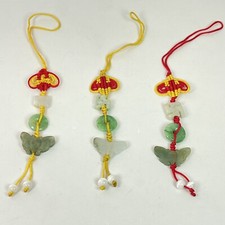 3PC Hand Carved Natural Jade Butterfly Pendant Knotted Cellphone Car Charm Strap