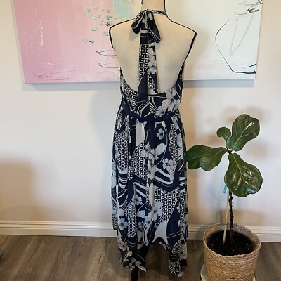 MODCLOTH Size L Floral Midi Dress Navy Blue White Halter Asymmetrical Hem |  eBay
