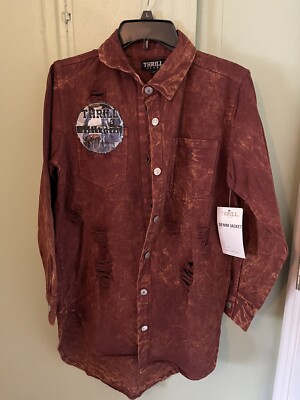 Thrill Jeans Ripped Collection Brown Acid Wash Denim Duster Jacket Size M NWT H