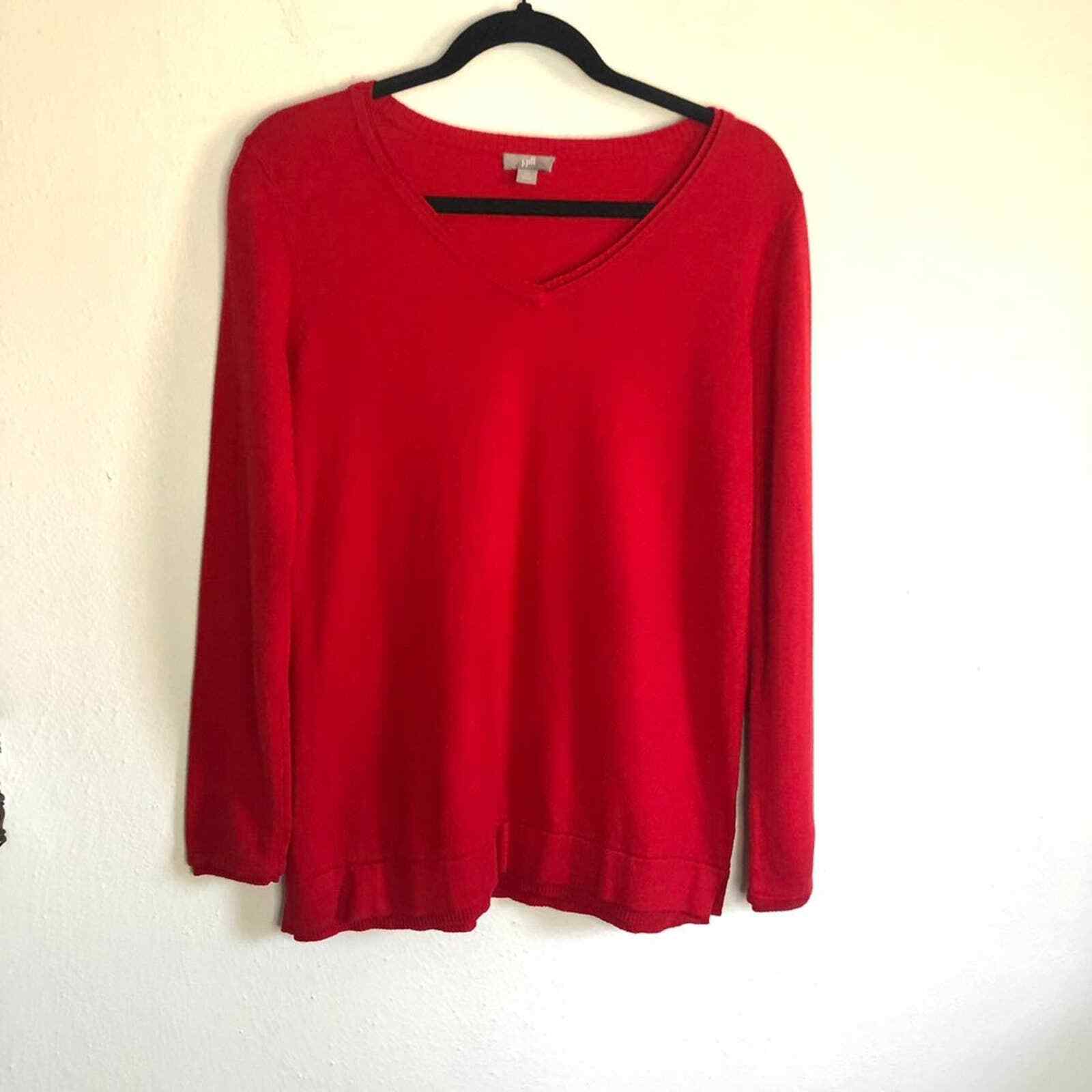 J. Jill Women's Red Lightweight Classic V-neck Relaxed Fit Ruffle Sweater XS