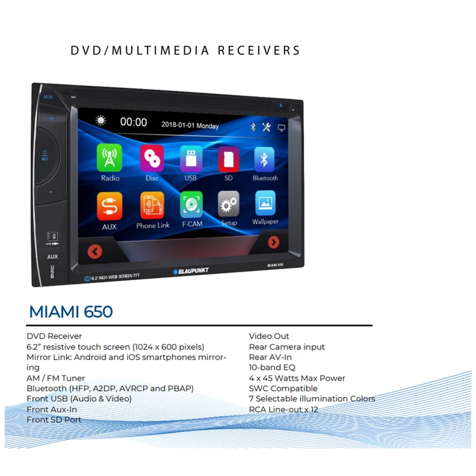 Blaupunkt MIAMI 650 6.2" Touchscreen Double DIN Bluetooth DVD/CD Receiver - Image 4 of 4
