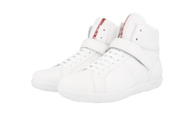 PRADA HIGH-TOP SNEAKER SCHUHE 3T6349 WEISS LEDER LINEA ROSSA NEU 40 40,5 UK 7