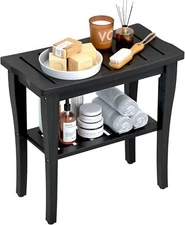 Bamboo Shower Bench Stool with Storage Shelf, Waterproof Chair Black 