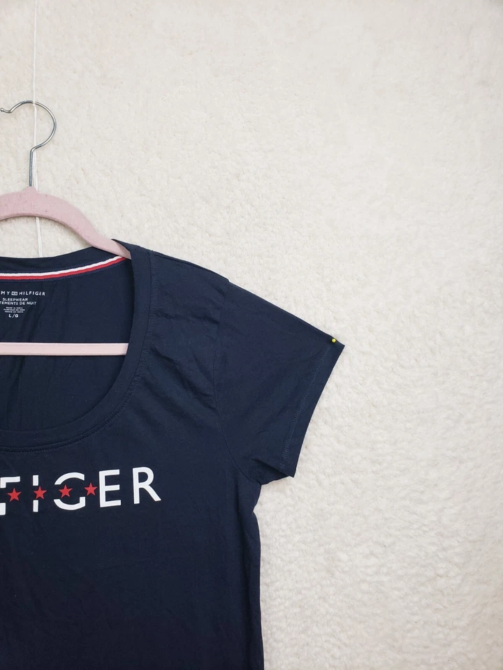 Tommy Hilfiger Mujer Camisa para Dormir Grande Azul Logo Mezcla de Algodón Manga Corta Noche Foto 3 de 4