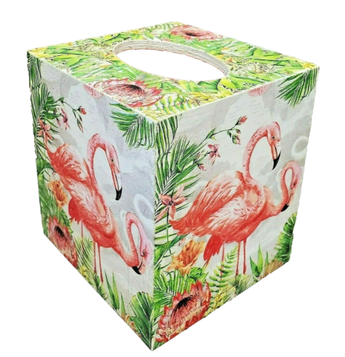 Handmade Decoupage Wood Tissue Box Cover, Flamingos - Picture 1 of 6