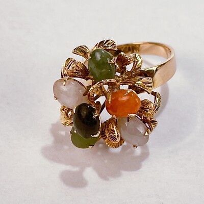 Multi-Colored Jade Cabochon & 14 Karat Gold Cocktail Ring - 14k