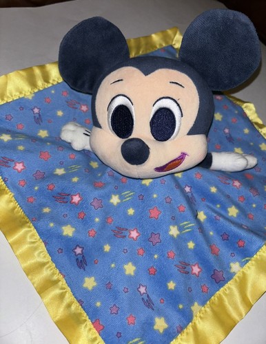Disney Mickey Mouse Plush Lovey security Baby Blanket Blue Yellow Star Satin - 第 5/5 張圖片