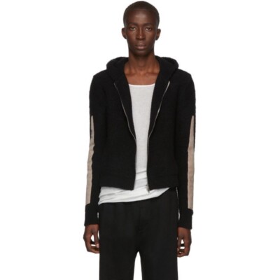RARE Rick Owens Black Felted Wool Zipped Hoodie