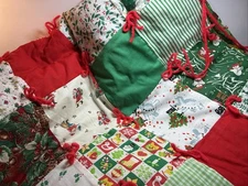 Vintage Patchwork  Christmas Tree Skirt 44" Across Handmade Red Green White Lace