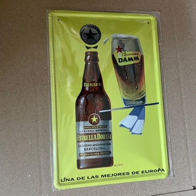 Estrella Damm Beer Sign - Barcelona Metal Tin Wall Decor Pub Bar Man Cave 12x8 