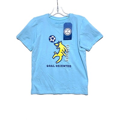 Life Is Good Crusher Goal Oriented Yellow Dog Soccer Blue Shirt Boys Kids XL NWT
