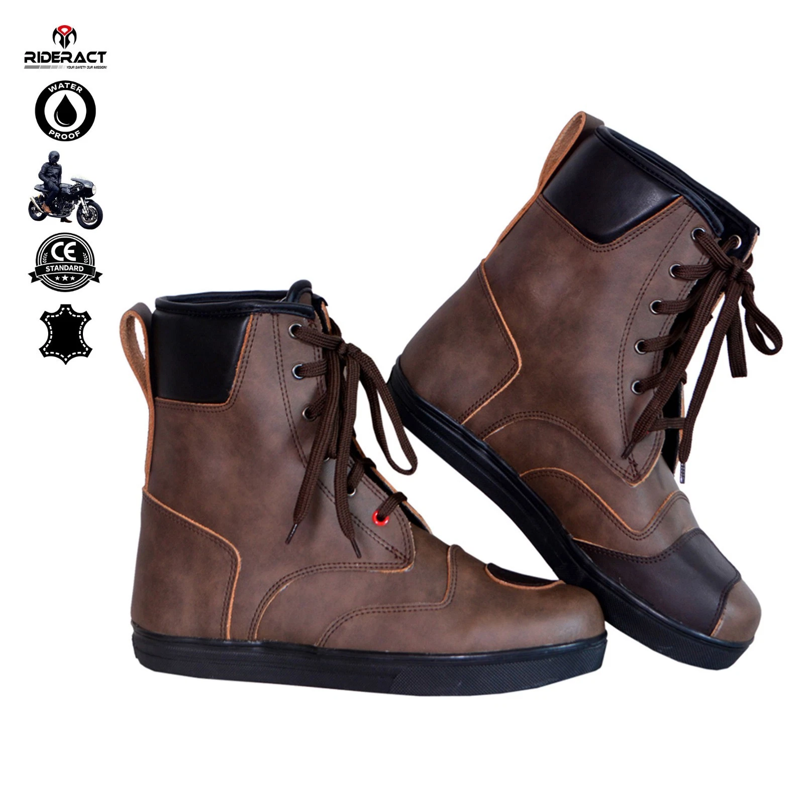 RIDERACT® Brown Motorcycle Boots Mens Leather Motorbike Riding Shoes Waterproof