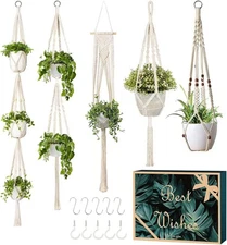GROWNEER 5 Packs Macrame Plant Hangers with 5 Hooks, Different Tiers White 