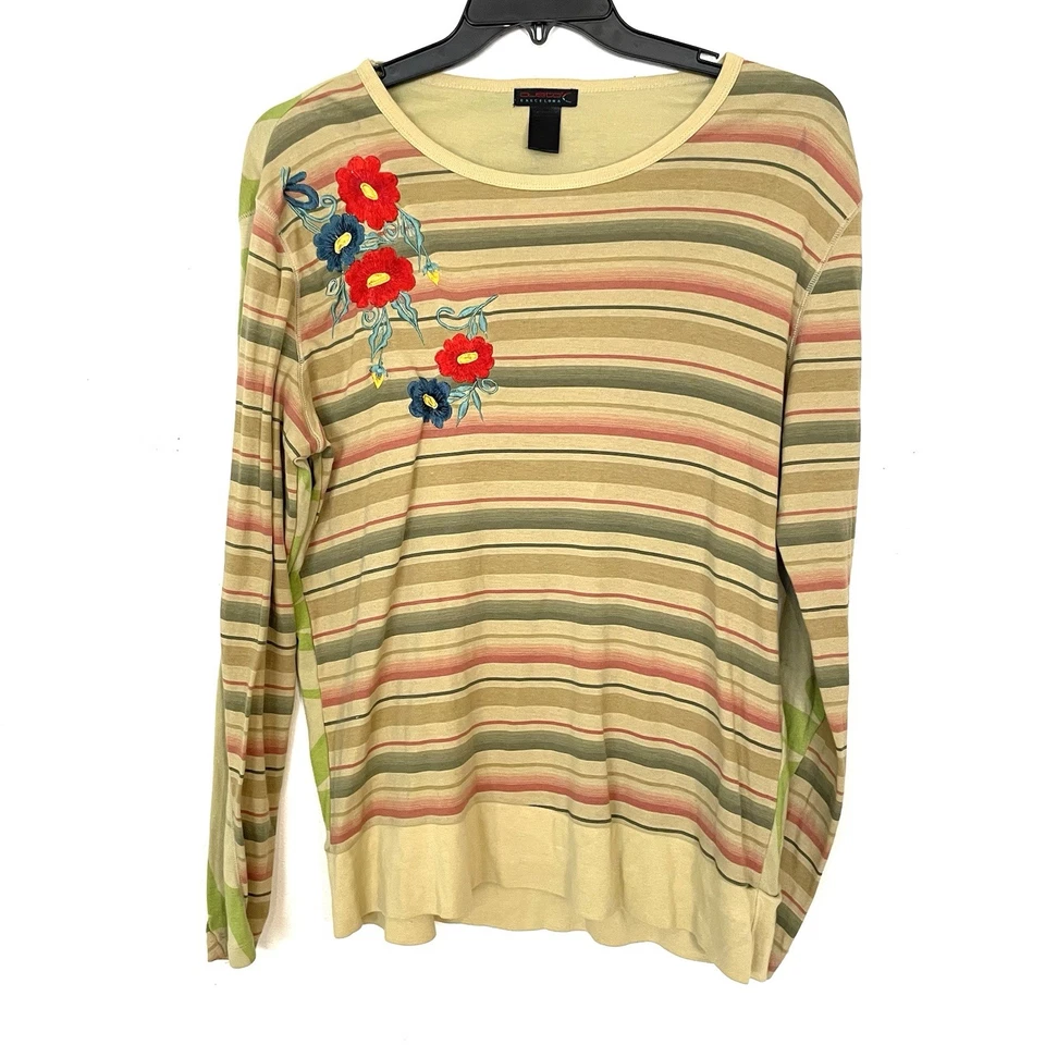 Blusa de algodão vintage Custo Barcelona bordada listra floral geo boho Y2K tamanho 3 bronzeada - Imagem 2 de 4