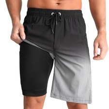 Mens Swim Trunks with Compression Liner 9" Inseam Quick Large Gradient-black