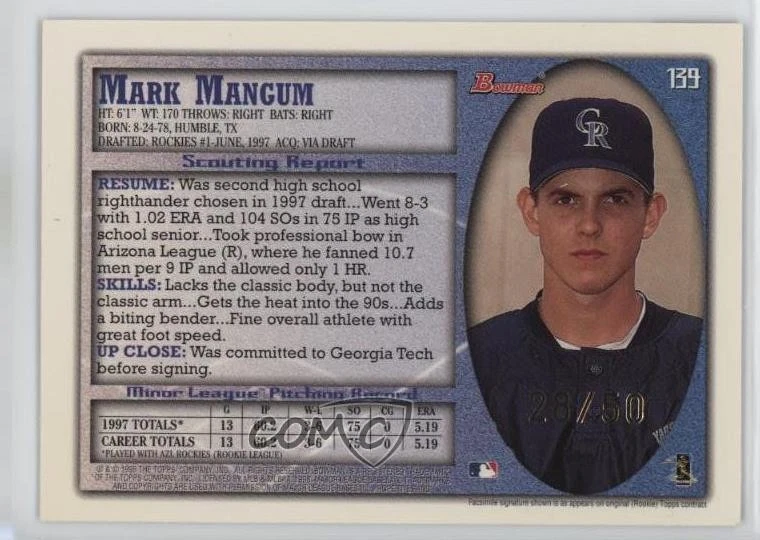 1998 Bowman Golden Anniversary /50 Mark Mangum #139 - Image 2 of 2