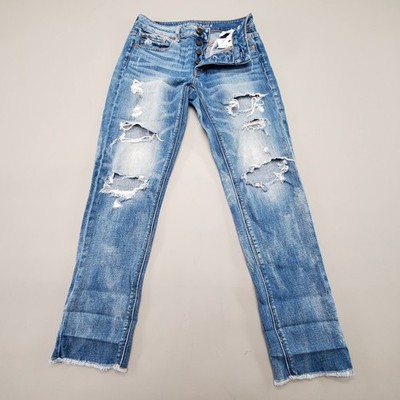 Y2K American Eagle AEO Jeans Distress TOMGIRL Stretch Hi Rise Straight Leg Sz 2