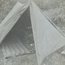 Vintage B&W Photo Snapshot of Pop Up Military Tent in Field | 1950s